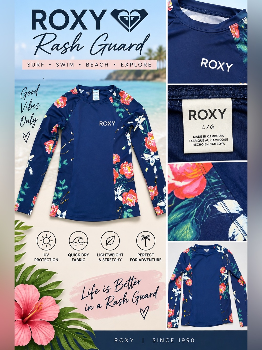 ROXY Women’s Floral Long Sleeve Rash Guard Navy Blue Size L/G Swim Surf